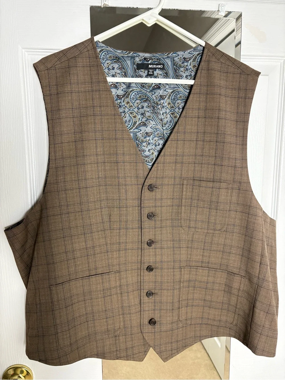 Men’s Murano Brown Plaid Vest with Blue Paisley Lining XXL
